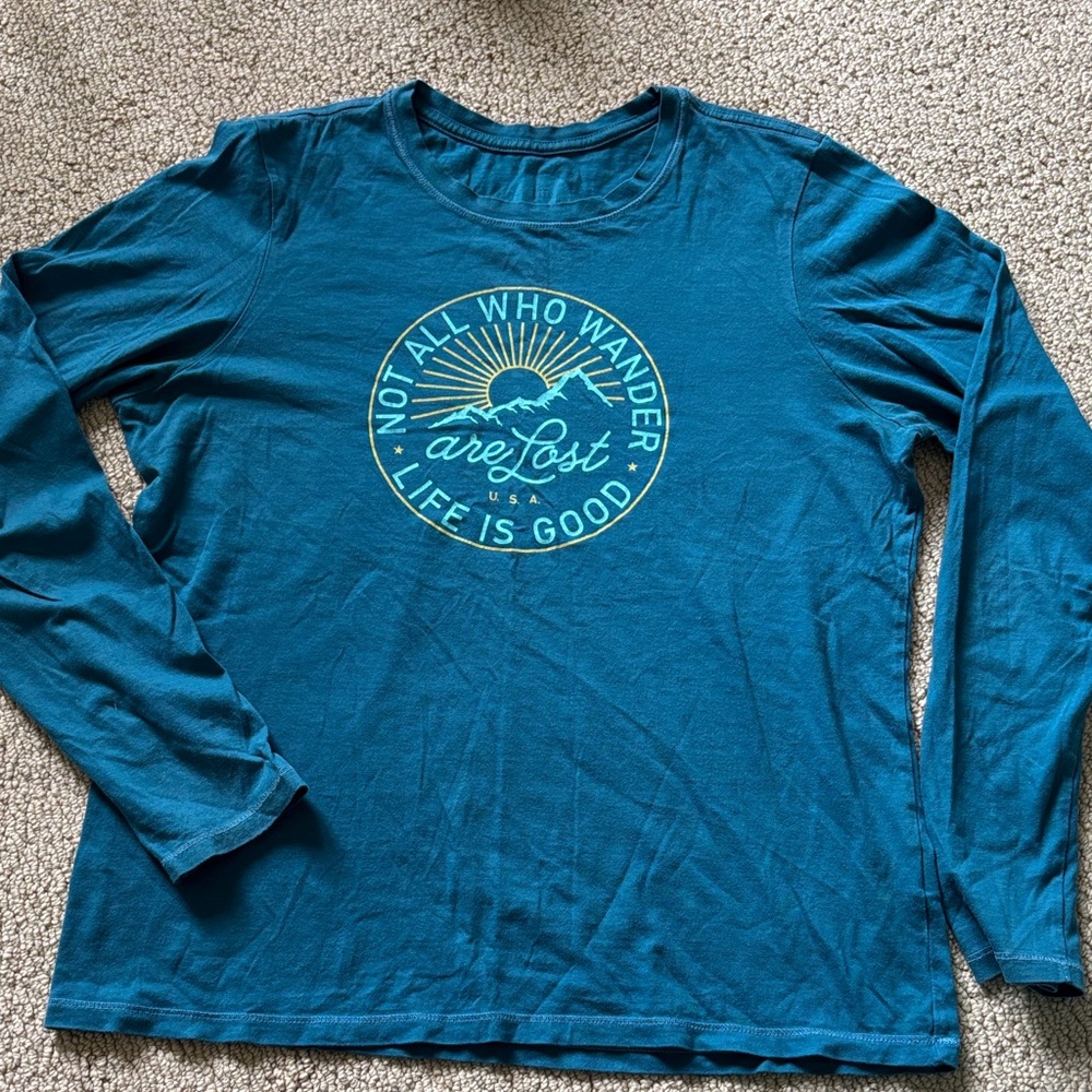 Life Is Good Teal Long Sleeve Crewneck with Outdoor Graphic